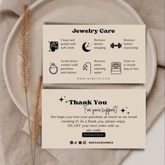 Jewelry Care Card & Thank You Cards (3.5in x 2in) that are INSTANTLY customizable via Canva (FREE). Print them as they are or customize them according to your taste. Bring your jewelry packaging to the next level with these jewelry care card Canva templates! PLEASE NOTE, THIS IS A DIGITAL DOWNLOAD ONLY. No physical product will be shipped. INSTRUCTIONS 1. Purchase the listing on Etsy. 2. Download the file which contains the link to your templates 3. Click on the link, sign in, or create a free Canva account (you DON'T need to pay for the Canva pro version). 4. Start editing. 5. Once you're happy with your designs, you can print the cards at home or your local print store. You can also upload the files to professional printing services like Vistaprint or MOO to have them printed and shipped Jewelry Card Business, Free Earring Cards Template, Make Jewelry Cards, Jewerly Packaging Cricut, Earring Card Tutorial Canva, Jewelry Gift Packaging Zazzle, Jewelry Message Cards, Jewelry Quotes Business On Wallet Card, Printable Necklace Card