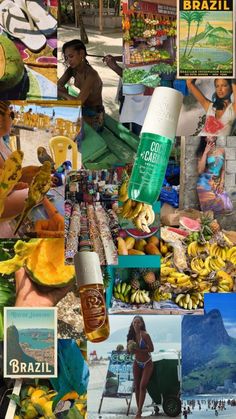 a collage of pictures with people and food on the beach, including banana peels