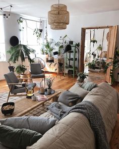 a living room filled with furniture and lots of plants