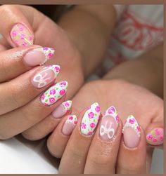 Cute Floral Nails, Teen Nails, Bow Nails, Summery Nails, Cute Acrylic Nail Designs, Pink Cowgirl, Pink Bows, Birthday Nails, Floral Nails