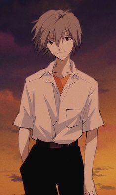 an anime character is standing in front of the sky with his hands on his hips