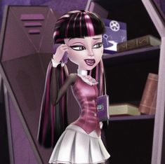 a cartoon girl talking on her cell phone in front of a shelf full of books