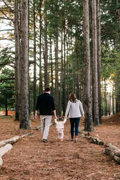 a man and woman holding hands while walking through the woods with their baby in tow