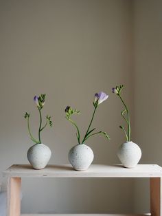 three vases with flowers in them sitting on a table