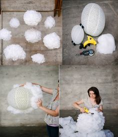 four photos showing how to make fluffy clouds with yarn and cotton balls in different stages