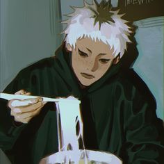 a man with white hair sitting at a table in front of a bowl of food