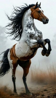 a brown and white horse with long black hair running in the air on its hind legs