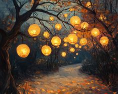 a painting of lanterns hanging from trees over a path