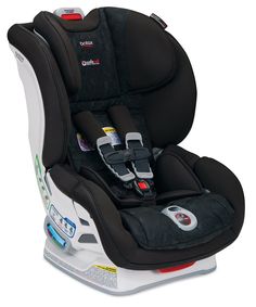 the child's car seat is black and has white trimmings on it