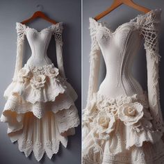 the dress is made out of crochet and has flowers on it, as well as long sleeves