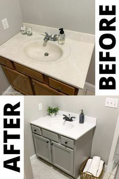 before and after photos of a bathroom vanity