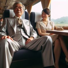 an older man and young woman sitting on a train