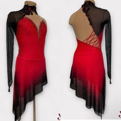 two red and black ballroom dresses on mannequins in front of a white background