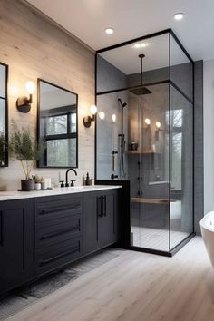 a bathroom with a tub, sink and shower in it's own area that is surrounded by wood paneling