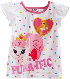 Our eBay Store About Us Contact Us Add to Favorite Sellers                                               ☆☆☆☆Disney Palace Pets☆☆☆☆ Aurora & Bloom Purr-ific T-Shirt Toddler Girls sizes: 2T-4T Toddler girls' t-shirt features Aurora and her pet cat, Bloom from Disney's Palace Pets.  Top has an allover polka dot print and flutter sleeves.  Machine washable.  Imported. Color: White Material: 100% Cotton Multicolor Disney T-shirt For Summer, Disney Character Print Tops For Playtime, White Disney T-shirt For Spring, Pink Disney Tops For Summer, Pink Disney Cotton Top, Disney Cartoon Print Summer T-shirt, Pink Cotton Disney Top, Disney Character Print T-shirt For Spring, Disney Cartoon Print Summer Tops