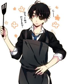 an anime character holding a spatula in one hand and a fork in the other