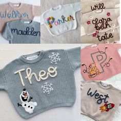 four different sweaters with the names of each child's name and their designs