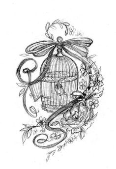 a drawing of a bird in a cage with flowers and vines on the bottom side