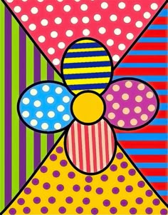 an abstract painting with polka dots, stripes and flowers in the shape of a flower