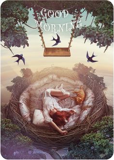 a woman laying in a bird nest with birds flying around her and the words good morning above her