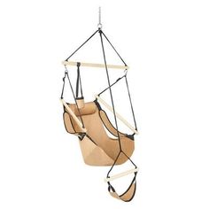 a wooden chair hanging from a rope