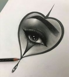 a pencil drawing of a heart with eyelashes and eyeliners on the inside of it