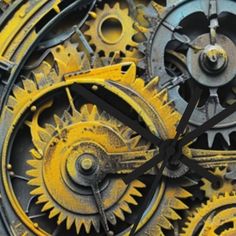 a close up view of a clock face with yellow and black gears on it's sides