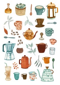 an illustration of coffee and teapots on a white background with watercolor paints