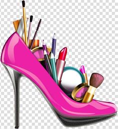 a pink high heeled shoe filled with makeup brushes and other cosmetics products, hd png