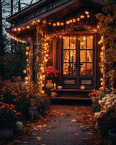 a small cabin with lights and pumpkins on the porch