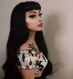 Goth Tiki Outfit, Pretty Goth Makeup Looks, Betty Page Hair, Goth Bangs Long Hair, Gothabilly Wedding, Gothabilly Aesthetic, Clean Goth Makeup, Long Hair Baby Bangs, Goth Mom Outfits