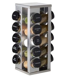 a spice rack with spices and seasonings in it