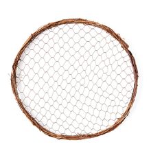 a close up of a chicken wire plate on a white background