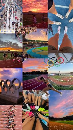 multiple pictures of people doing different things in the same photo, including an olympic symbol