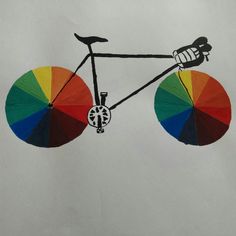 a drawing of a bicycle with a rainbow wheel