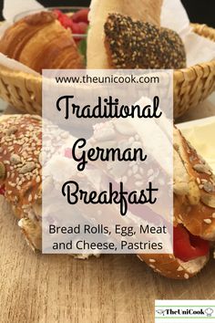 traditional german breakfast bread rolls, egg meat and cheese pastries with text overlay