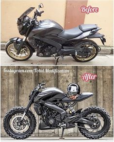 before and after photos of a black motorcycle