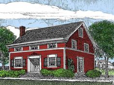 this is an artist's rendering of a red house with white trim and windows