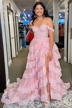 This stunning Pink Sequin Appliques Off-the-Shoulder Ruffle Tiered Long Gown is a dream come true! Its pink tulle material, sequin appliques, sweetheart neckline, corset bodice, and ruffle tiered skirt are sure to wow the crowd. Make your prom night unforgettable with this beautiful gown's side slit and long silhouette! Product Details   SKU: MD0767 Tulle Fabric Floor Length Size: US 0-16. Check our Size Chart to get your correct size.  Recommend custom size for plus size. Free custom size servi Fairy Ball Gown, Pink Tulle Prom Dress, Customized Dress, Pink Evening Dress, Pink Corset, Lace Formal Dress, Sequin Appliques, Pink Prom, Pink Dresses