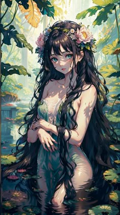 a woman with long hair and flowers in her hair sitting on the ground next to water