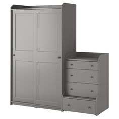 a gray armoire with two drawers next to it