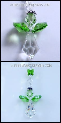 three different pictures of green glass ornaments on white background, one with an ornament in the middle