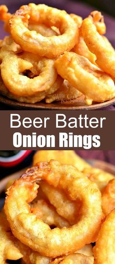 beer batter onion rings on a plate with the words beer batter onion rings above them