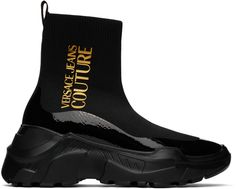 High-top knit slip-on sneakers in black. Round toe. Logo bonded in gold-tone at outer side. Rib knit collar. Tonal grosgrain pull-loop at heel. Coated trim at welt. Treaded rubber platform sole in black featuring logo embossed at heel. Approx. 2.75 platform. Supplier color: Black Versace Runners, Versace Boots, Versace Sandals, Square Toe Ankle Boots, Side Zip Boots, Sock Sneakers, Jeans Collection, Jeans Logo, High Sneakers