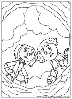 a coloring page with two children looking at each other