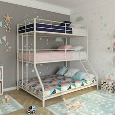 a child's bedroom with bunk beds and toys