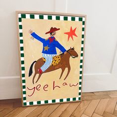 a painting of a man on a horse with the words gee haw written below it