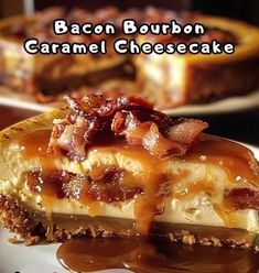 bacon bourbon caramel cheesecake on a white plate