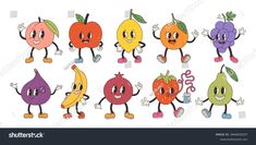 cartoon fruits and vegetables with different expressions on white background stock photo, royalty illustration and cartoons