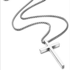 Simple And Sturdy Silver Cross Necklace Box Chain With Lobster Clasp High Quality Stainless Steel That Is Tarnish Resistant. No Fading And Hypoallergenic. Cross Pendant Is Approximately 1.8" - 1.0" Choose Chain Length Makes A Great Gift! Silver Cross Necklace Mens, Elegant Cross Necklace With Box Chain For Gift, Silver Cross Necklace, Mens Cross Necklace, Mens Crosses, Necklace Box, Mens Accessories Jewelry, Cross Pendant Necklace, Silver Cross